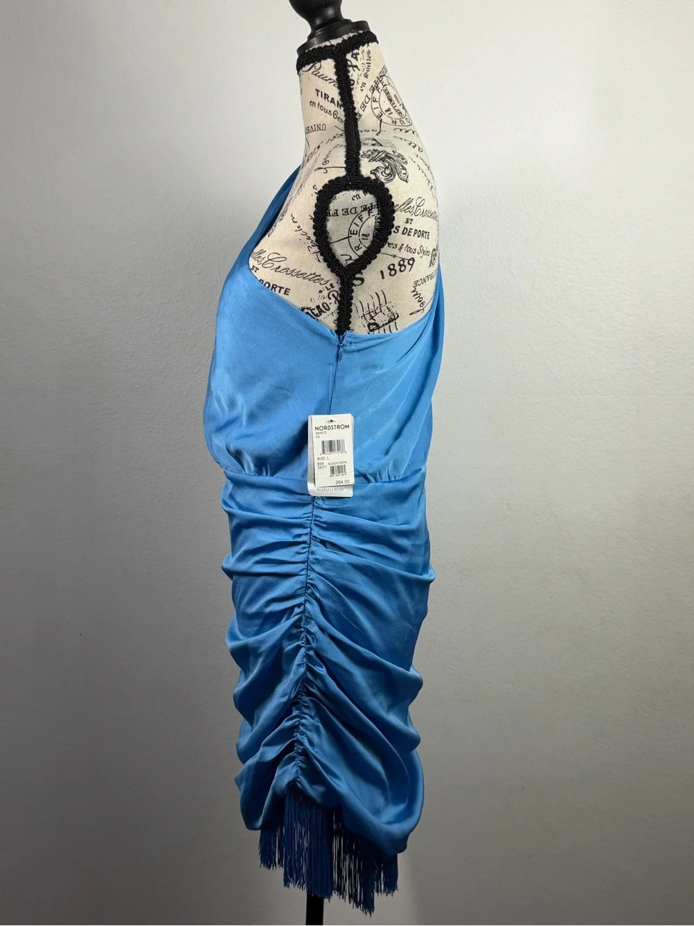 Blue Ruched One Shoulder Fringe Dress SAYLOR L NWT